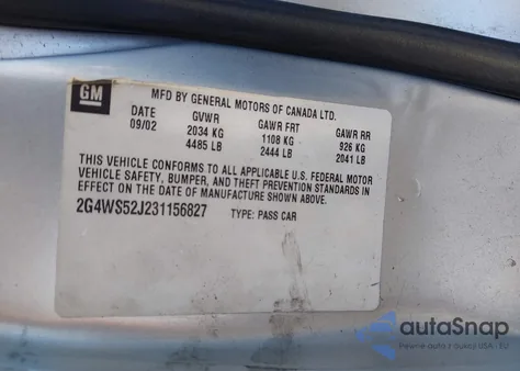 2003 Buick Century Custom from USA, damaged, VIN 2G4WS52J231156827